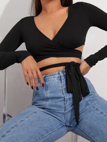 Cross Wrap Tie Front Rib-knit Crop Top