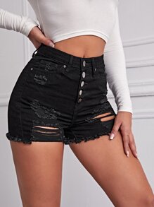 Curvy High Waist Ripped Skinny Denim Shorts