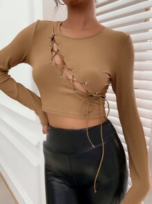 Cut Out Lace Up Front Crop Tee