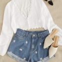 Daisy Embroidery Denim Shorts