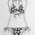 Daisy Print Triangle Tie Side Bikini Swimsuit