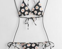 Daisy Print Triangle Tie Side Bikini Swimsuit