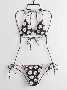 Daisy Print Triangle Tie Side Bikini Swimsuit