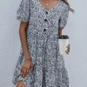 Dalmatian Print Button Front Ruffle Hem Smock Dress