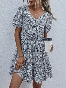 Dalmatian Print Button Front Ruffle Hem Smock Dress