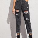 Dark Wash High-Rise Ripped Mom Jeans