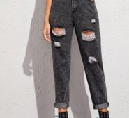 Dark Wash High-Rise Ripped Mom Jeans