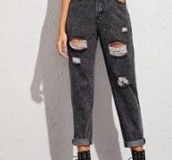 Dark Wash High-Rise Ripped Mom Jeans