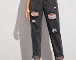 Dark Wash High-Rise Ripped Mom Jeans