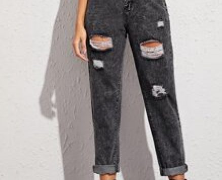 Dark Wash High-Rise Ripped Mom Jeans