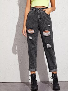 Dark Wash High-Rise Ripped Mom Jeans