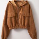 Decorative Pocket Zip Up Elastic Hem Drawstring Hooded Corduroy Jacket