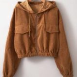 Decorative Pocket Zip Up Elastic Hem Drawstring Hooded Corduroy Jacket