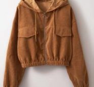 Decorative Pocket Zip Up Elastic Hem Drawstring Hooded Corduroy Jacket