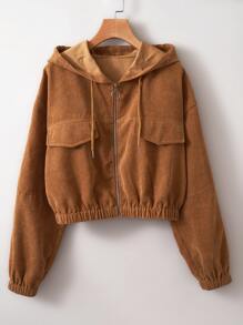 Decorative Pocket Zip Up Elastic Hem Drawstring Hooded Corduroy Jacket