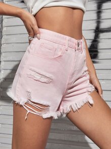 Distressed Hem Ripped Denim Shorts