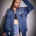 Distressed Ripped Button Front Denim Jacket