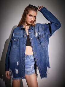 Distressed Ripped Button Front Denim Jacket