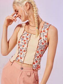 Ditsy Floral Contrast Binding Ribbed Tank Top