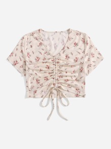 Ditsy Floral Drawstring Ruched Crop Tee