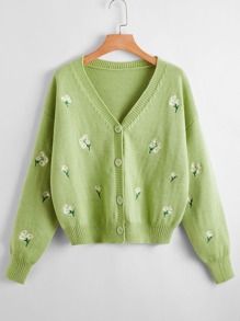 Ditsy Floral Embroidery Button Front Cardigan