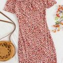 Ditsy Floral Print Off Shoulder Lettuce Edge Dress