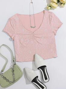 Ditsy Floral Ruched Front Crop Tee