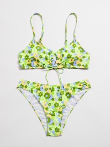 Ditsy Floral Tie Front Bikini Swimsuit