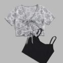 Ditsy Floral Tie Front Mesh Top & Solid Crop Cami