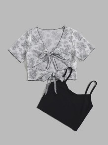 Ditsy Floral Tie Front Mesh Top & Solid Crop Cami