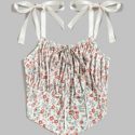 Ditsy Floral Tie Neck Ruched Hanky Hem Cami Top