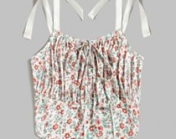 Ditsy Floral Tie Neck Ruched Hanky Hem Cami Top