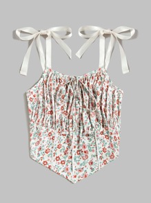 Ditsy Floral Tie Neck Ruched Hanky Hem Cami Top