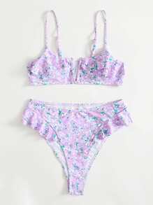 Ditsy Floral V Wired Ruffle Bikini Swimsuit