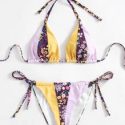 Ditsy Flower Colorblock Halter High Cut Bikini Swimsuit