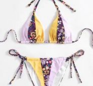 Ditsy Flower Colorblock Halter High Cut Bikini Swimsuit