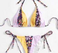 Ditsy Flower Colorblock Halter High Cut Bikini Swimsuit