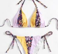 Ditsy Flower Colorblock Halter High Cut Bikini Swimsuit