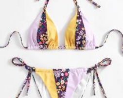 Ditsy Flower Colorblock Halter High Cut Bikini Swimsuit