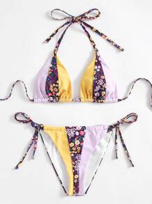 Ditsy Flower Colorblock Halter High Cut Bikini Swimsuit