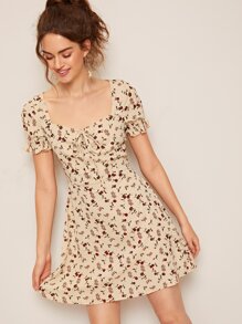 Ditsy Rose Floral Print Ruffled Mini Dress