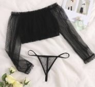 Dobby Mesh Frill Trim Bardot Lingerie Set