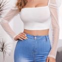 Dobby Mesh Leg-of-mutton Sleeve Crop Top