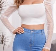 Dobby Mesh Leg-of-mutton Sleeve Crop Top
