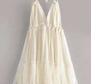 Dobby Mesh Self-Tie Ruffled Halter Dress