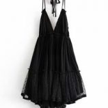 Dobby Mesh Self-Tie Ruffled Halter Dress