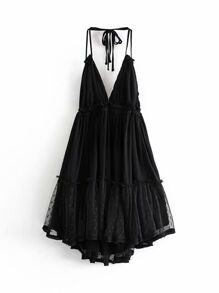 Dobby Mesh Self-Tie Ruffled Halter Dress