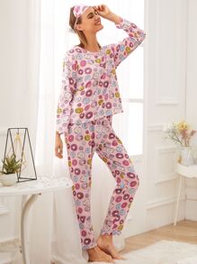 Donut Print Pajama Set With Eye Cover