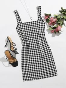 Double Square Neck Buffalo Plaid Dress