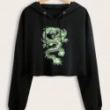 Dragon Print Drawstring Crop Hoodie